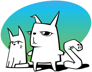 illustration of cat, rabbit and worm on background