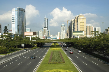 Fototapeta na wymiar China, Shenzhen - main avenue and skyscrapers