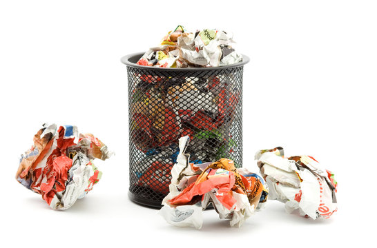 bin full of paper trash studio isolated