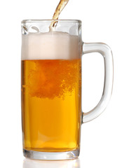 Beer mug isolated on white. Pouring beer in it.