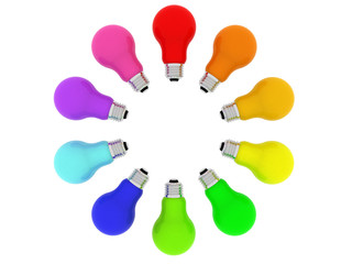 Lightbulbs kaleidoscope of rainbow colours isolated on white