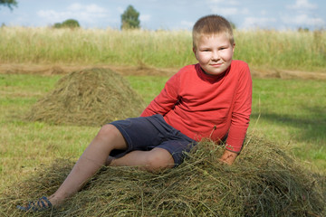 Naklejka na ściany i meble little boy resting on a stack of hay on meadow