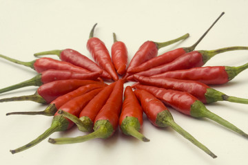 A pile of small red chili peppers isolated