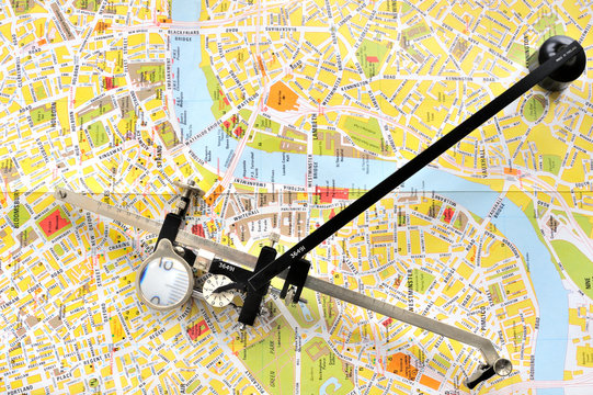 Planimeter - 1950s area measuring instrument - on old London map