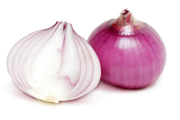 Red onion and a half isolated over white with a slight shadow