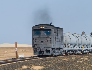 Oncoming train through the desert