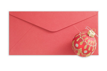 Red envelope and christmas ball isolated on white