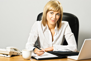 Young beautiful business lady at desk writing.