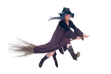 Middle aged Halloween witch flying on broom. - obrazy, fototapety, plakaty