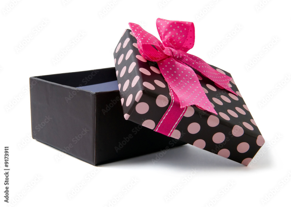 Wall mural Isolated open brown gift box with pink ribbon