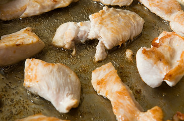 Turkey meat is being fryied on a pan