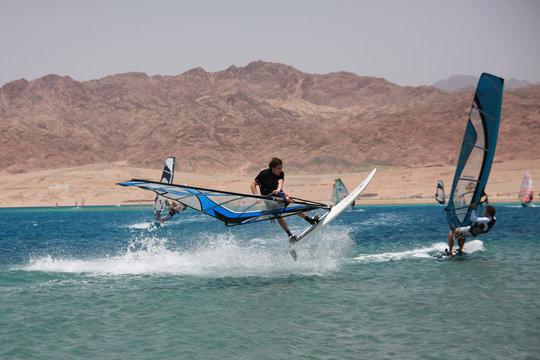 Windsurfing in Dahab. Extreme jump. Red Sea, Egypt.