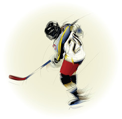 Naklejka premium Ink drawing illustration of an ice hickey player..