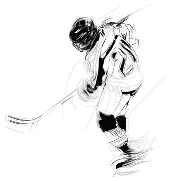 Ink drawing illustration of an ice hickey player