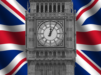 Fototapeta na wymiar Big Ben bell tower with rippled British Flag illustration