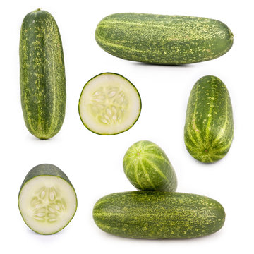 Cucumbers isolated on white, different viewpoints.