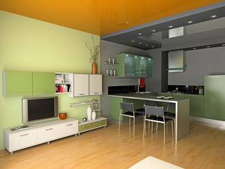 the modern kitchen interior design (3D rendering)