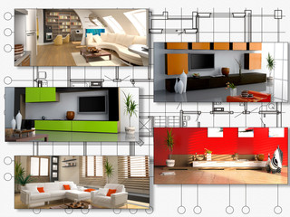 modern interior image set over architecture plan (3D rendering).