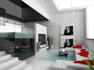 Interior of a modern white drawing tv room