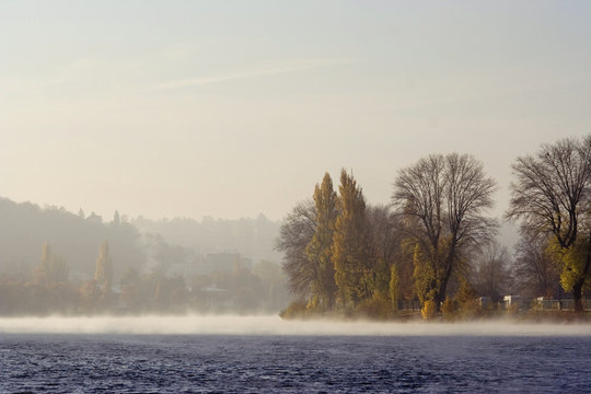 morning film of mist above river