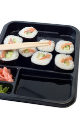 Rolls of sushi on a plate with chopsticks.