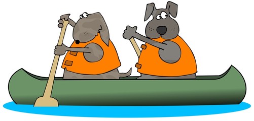 Two Dogs Paddling A Canoe - obrazy, fototapety, plakaty