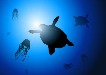 A blue background with submarine life