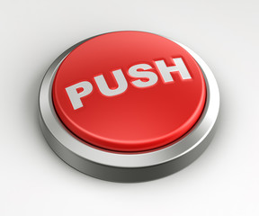 3d rendering of a red button with push written on it.