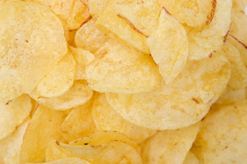 A pile of potato chips. Do not eat a lot!