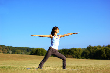 Fototapeta na wymiar Girl practicing yoga in a summer meadow.