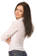 young woman with long hair on a white background