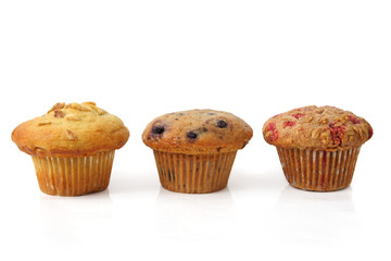 three different muffin, white background