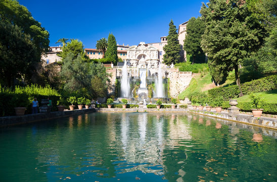 Big Fountain In Tivoli Italy Front View.