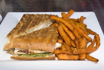 A delicious chicken pesto and tomato panini sandwich