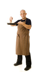 man in his 40's with apron isolated on white.