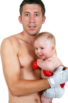Portrait of the small and adult boxer on a white background