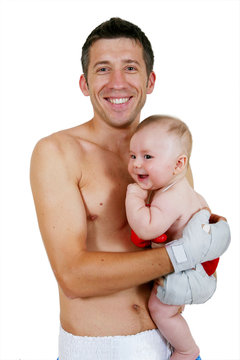 Portrait of the small and adult  boxer on a white background