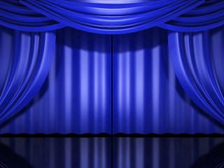 blue stage theater drapes open