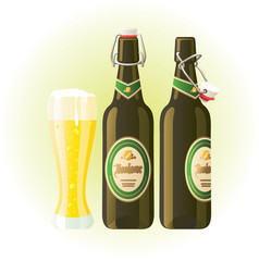 Glass and bottles of beer