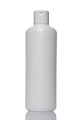 Soap or shampoo without label reflected on white background