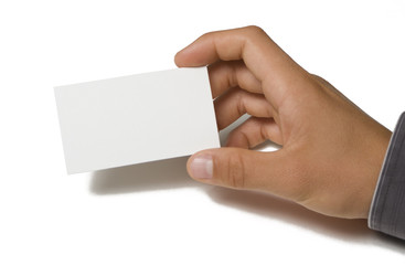Blank business card in hand on white background