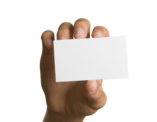 Blank business card in hand isolated on white