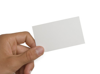 Blank business card in hand isolated on white