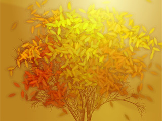 Autumn tree with falling leaves, abstract rendered illustration