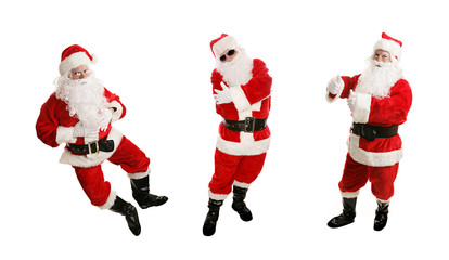 Three views of a cheerful, dancing santa