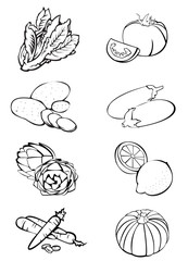 Black and white illustration of eight vegetables