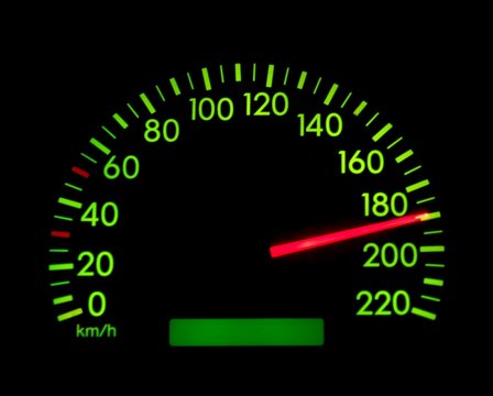 Speedometer showing 190, glowing green in the dark