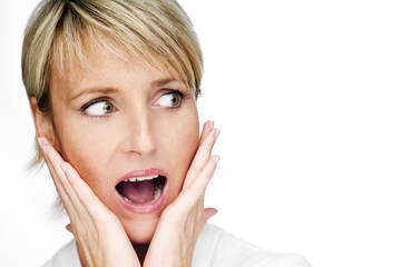 young blond woman surprised expression close up shoot