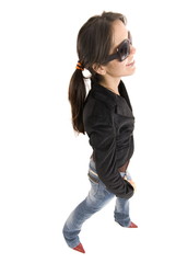 Girl with sunglasses on white background .