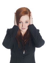 businesswoman in the Hear No Evil pose.